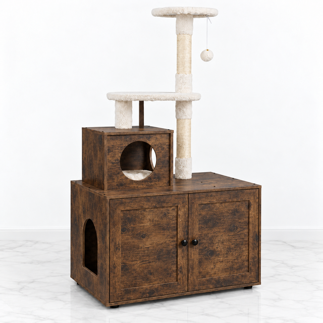 The Ivory Gallery — 132cm Litter Cabinet & Cat Tree — Rustic Brown — Giant Paws studio