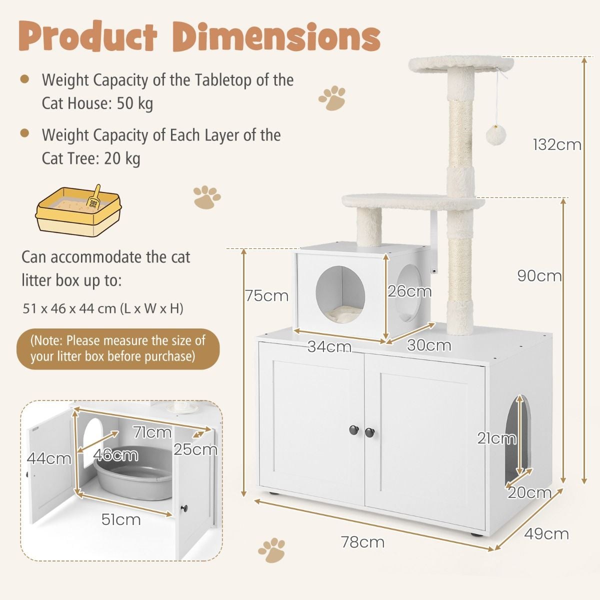 Dimension diagram for the white 78 by 49 by 132 cm litter cabinet and cat tree with 20 by 21 cm side entrances