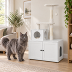 White litter cabinet and cat tree beside a full-sized solid grey Maine Coon in a bright sitting room