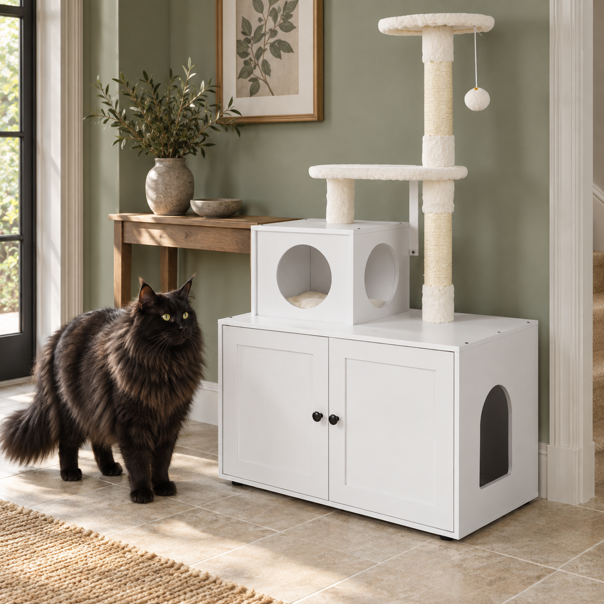 White litter cabinet and cat tree beside a full-sized black Norwegian Forest Cat in a sage hallway