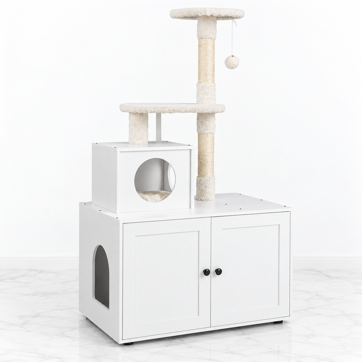 White 132 cm litter cabinet and cat tree with two doors, cube condo, sisal posts and top perch on a light marble floor