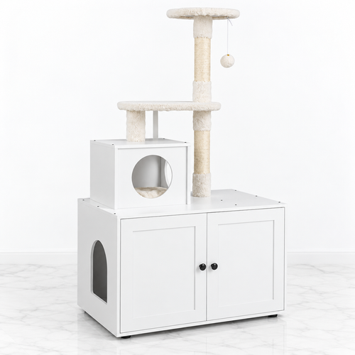 White 132 cm litter cabinet and cat tree with two doors, cube condo, sisal posts and top perch on a light marble floor