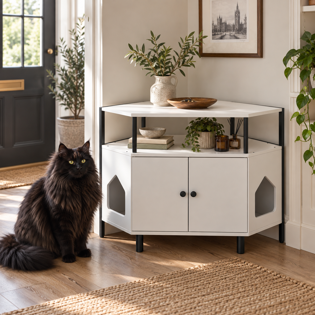 The Corner Gallery beside a full-sized black Norwegian Forest Cat in a hallway