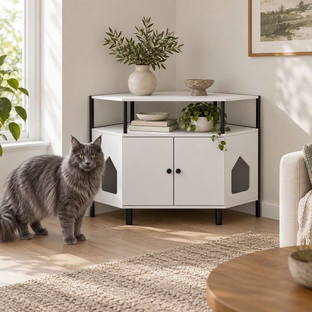 The Corner Gallery beside a full-sized grey Maine Coon in a sitting room