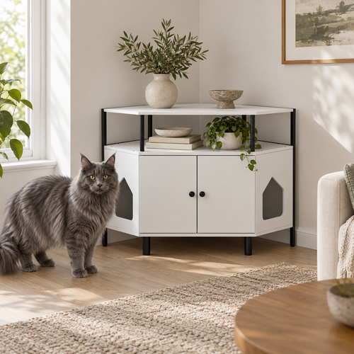 The Corner Gallery beside a full-sized grey Maine Coon in a sitting room