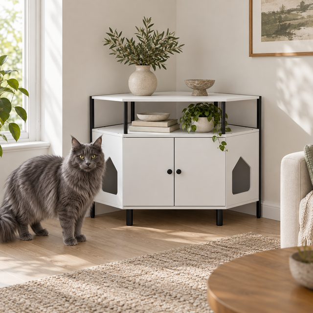 The Corner Gallery beside a full-sized grey Maine Coon in a sitting room