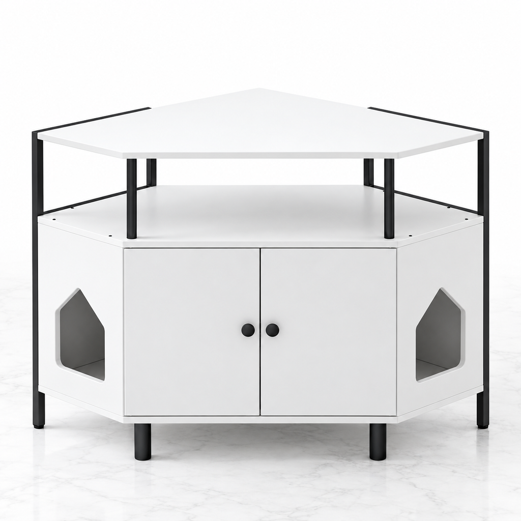 The Corner Gallery white corner litter cabinet on pale marble