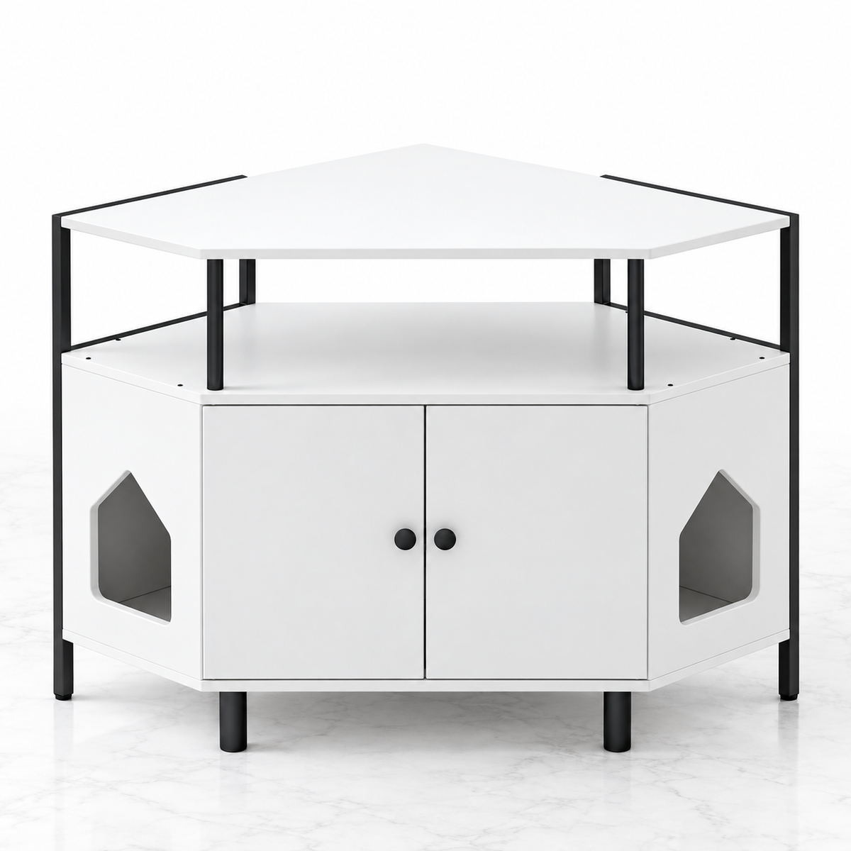 The Corner Gallery white corner litter cabinet on pale marble