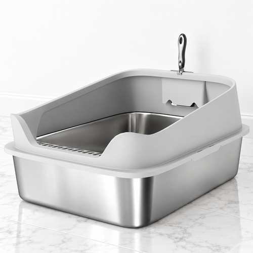 Sterling Court 70 cm XXL stainless-steel litter tray with grey high sides and scoop on pale marble