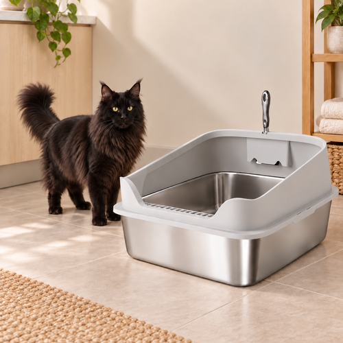 Sterling Court XXL litter tray in a cream utility room with a full-size black Maine Coon beside it