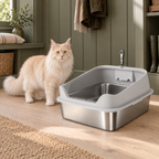 Sterling Court XXL litter tray in an olive boot room with a full-size cream Maine Coon beside it