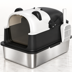 Panda House XL enclosed stainless-steel litter box in black and white on pale marble