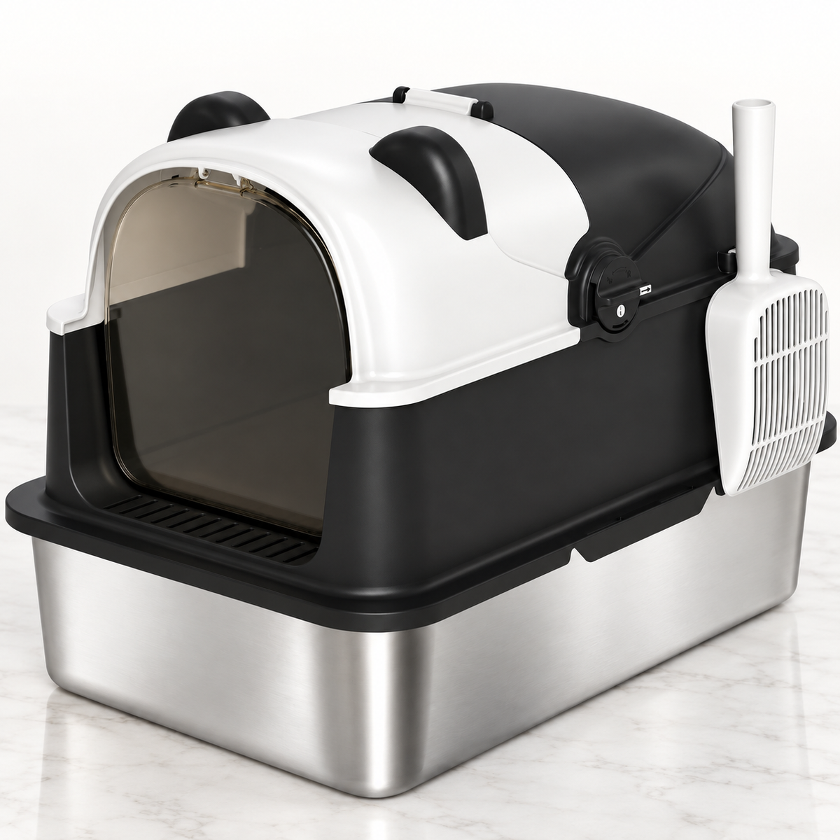 Panda House XL enclosed stainless-steel litter box in black and white on pale marble