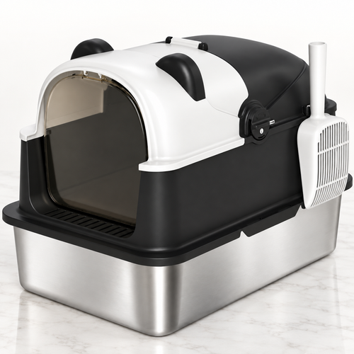 Panda House XL enclosed stainless-steel litter box in black and white on pale marble