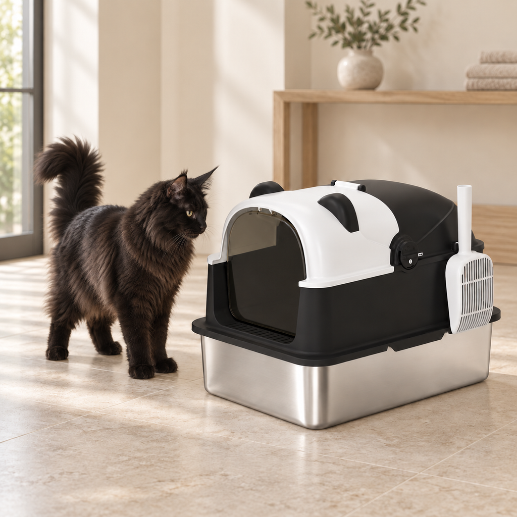 The Panda House litter box beside an adult black Maine Coon in a sparse luxury room, shown for scale