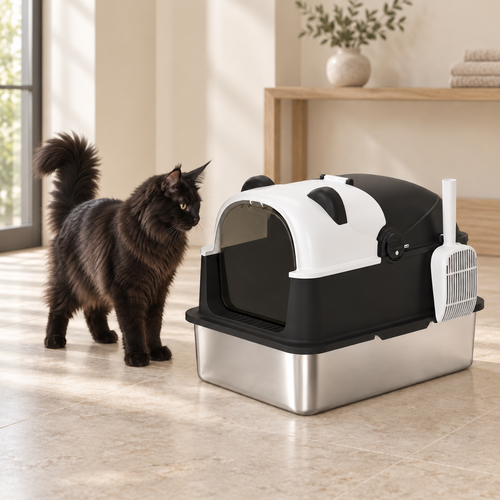 The Panda House litter box beside an adult black Maine Coon in a sparse luxury room, shown for scale