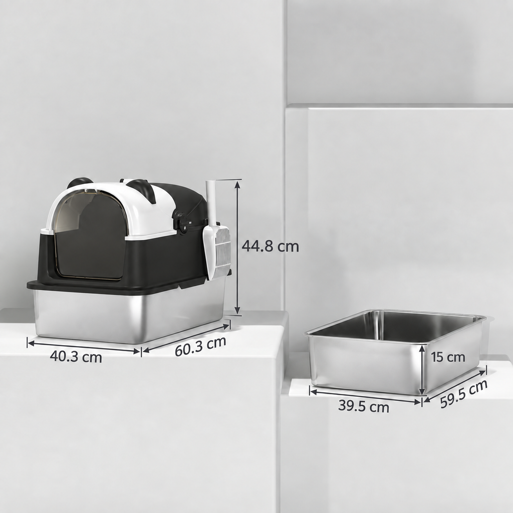 Panda House litter box dimensions: 60.3 by 40.3 by 44.8 cm overall and 59.5 by 39.5 by 15 cm stainless-steel tray