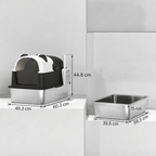 Panda House litter box dimensions: 60.3 by 40.3 by 44.8 cm overall and 59.5 by 39.5 by 15 cm stainless-steel tray