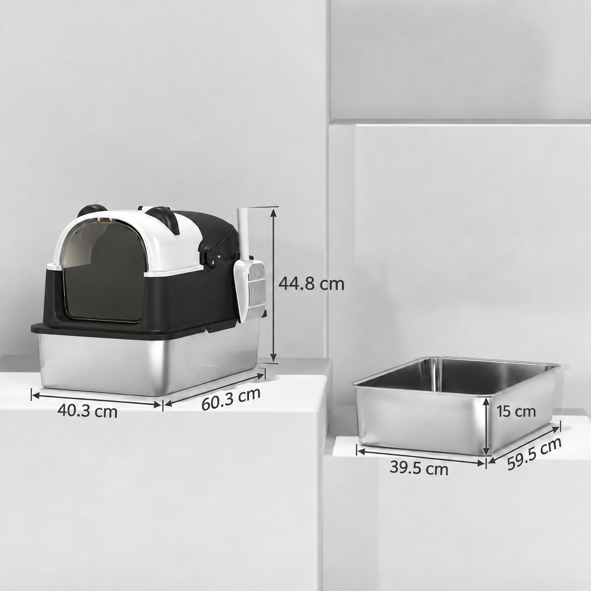 Panda House litter box dimensions: 60.3 by 40.3 by 44.8 cm overall and 59.5 by 39.5 by 15 cm stainless-steel tray