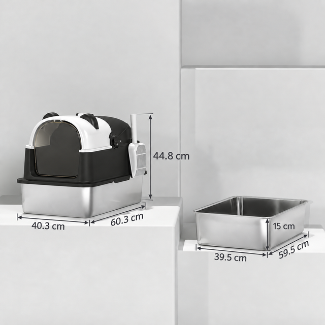 Panda House litter box dimensions: 60.3 by 40.3 by 44.8 cm overall and 59.5 by 39.5 by 15 cm stainless-steel tray