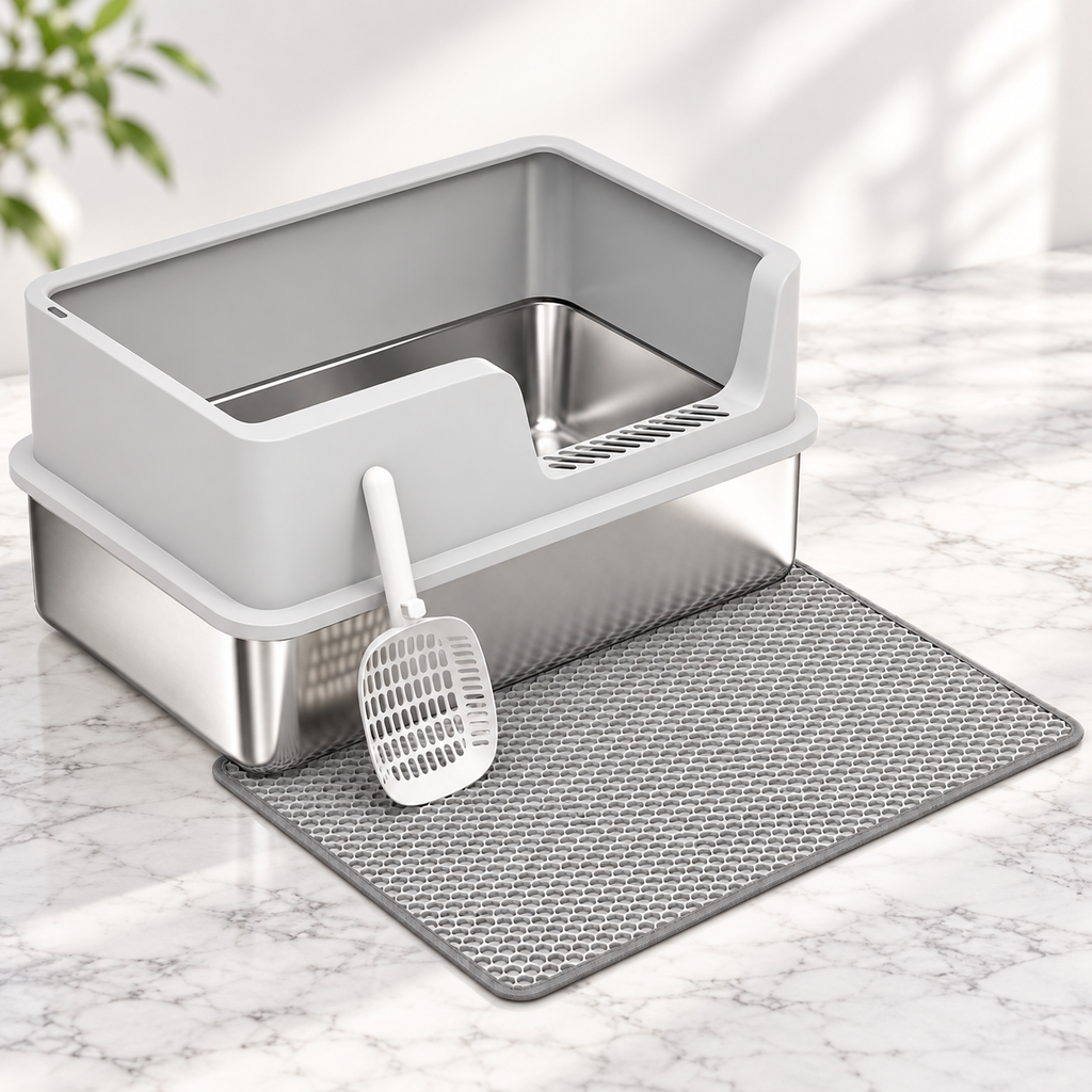 Silver Guard light-grey high-sided stainless-steel litter tray with matching mat and scoop on pale marble