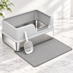 Silver Guard light-grey high-sided stainless-steel litter tray with matching mat and scoop on pale marble