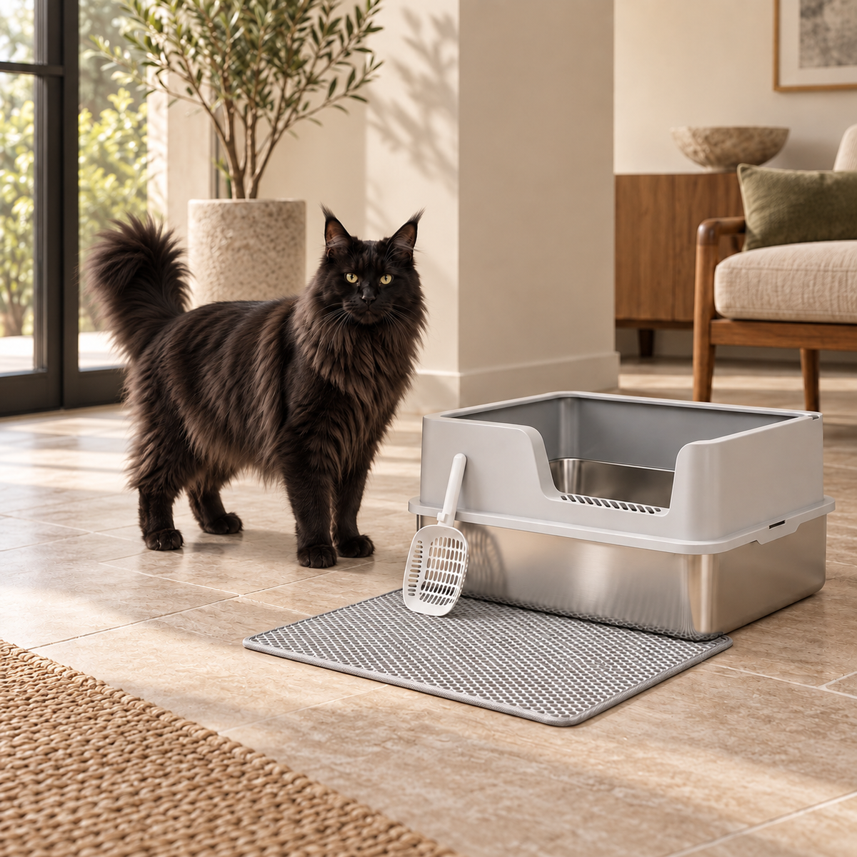 The Silver Guard litter box beside an adult black Maine Coon in a sparse luxury room, shown for scale