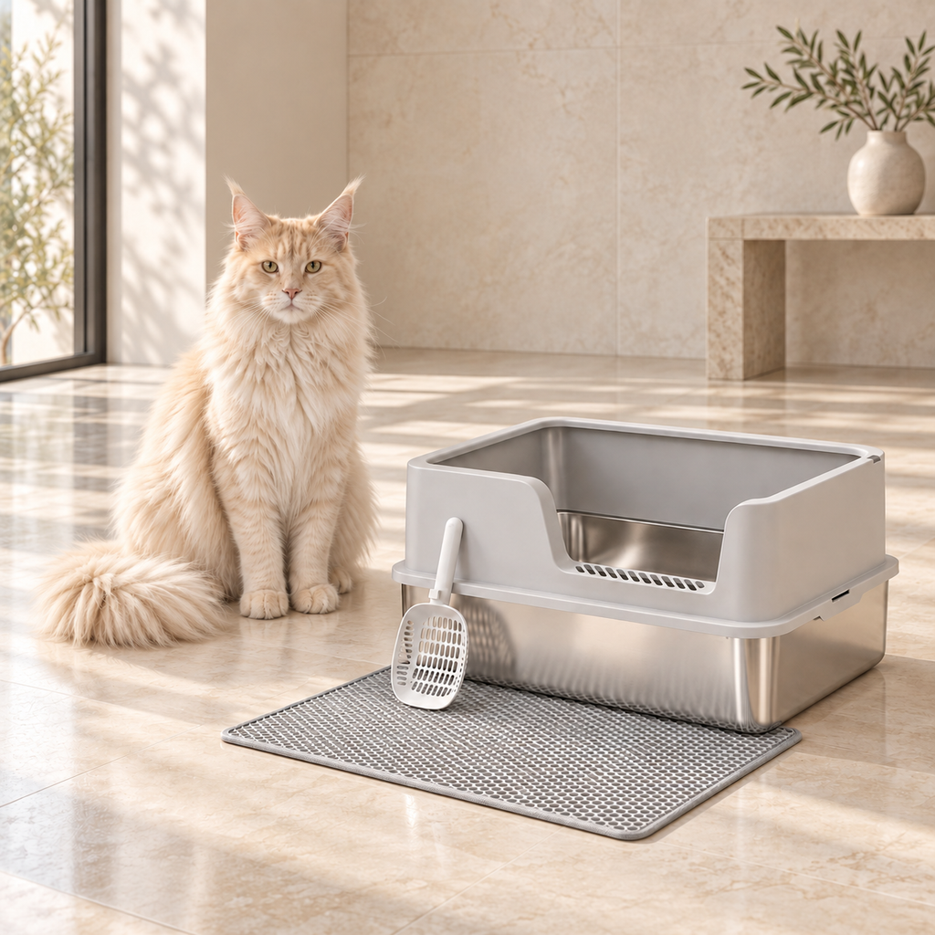 The Silver Guard litter box beside an adult cream Maine Coon in a sparse luxury room, shown for scale