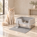 The Silver Guard litter box beside an adult cream Maine Coon in a sparse luxury room, shown for scale