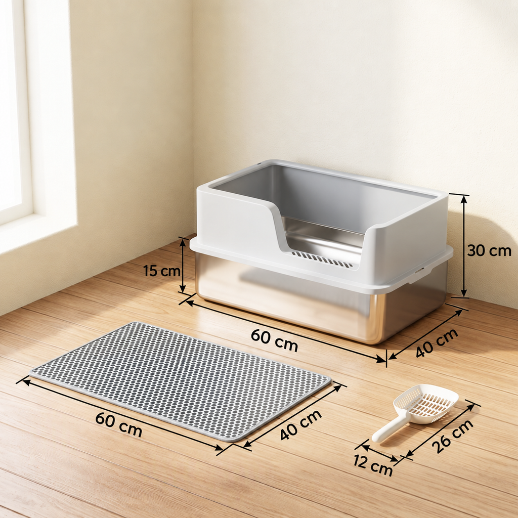 Silver Guard litter tray dimensions: 60 by 40 by 30 cm overall, 15 cm internal pan height, 60 by 40 cm mat and 26 by 12 cm scoop