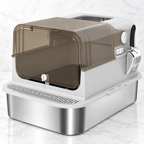 The Grand Gallery 70 cm grey enclosed stainless-steel litter box on pale marble