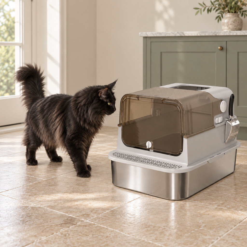 The Grand Gallery litter box beside an adult black Maine Coon in a sparse luxury room, shown for scale