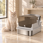 The Grand Gallery litter box beside an adult cream Maine Coon in a sparse luxury room, shown for scale