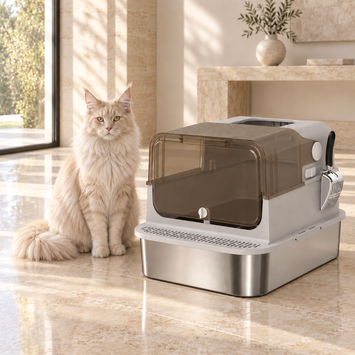 The Grand Gallery litter box beside an adult cream Maine Coon in a sparse luxury room, shown for scale