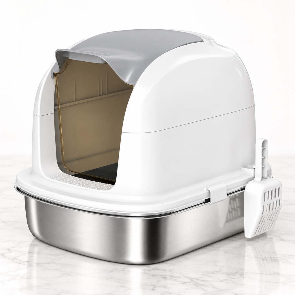 The Silver Parlour white enclosed stainless-steel litter box on pale marble
