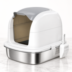 The Silver Parlour white enclosed stainless-steel litter box on pale marble