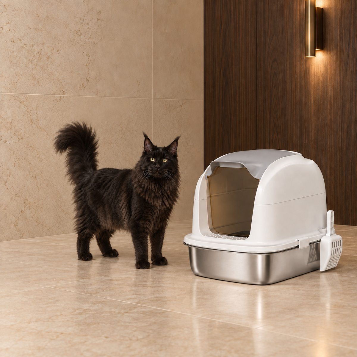 The Silver Parlour litter box beside an adult black Maine Coon in a sparse luxury room, shown for scale