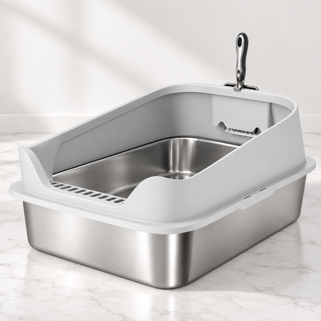 The Silver Gallery grey high-sided stainless-steel litter tray on pale marble