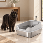 The Silver Gallery litter tray beside an adult black Maine Coon, shown for scale