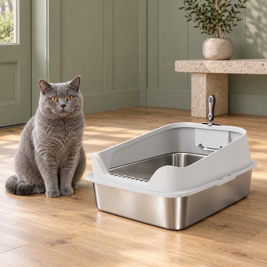 The Silver Gallery litter tray beside a solid-blue British Shorthair in a sparse sage room