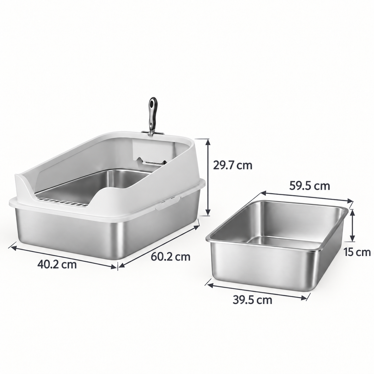 The Silver Gallery dimensions: 60.2 by 40.2 by 29.7 cm, with a 59.5 by 39.5 by 15 cm lower pan