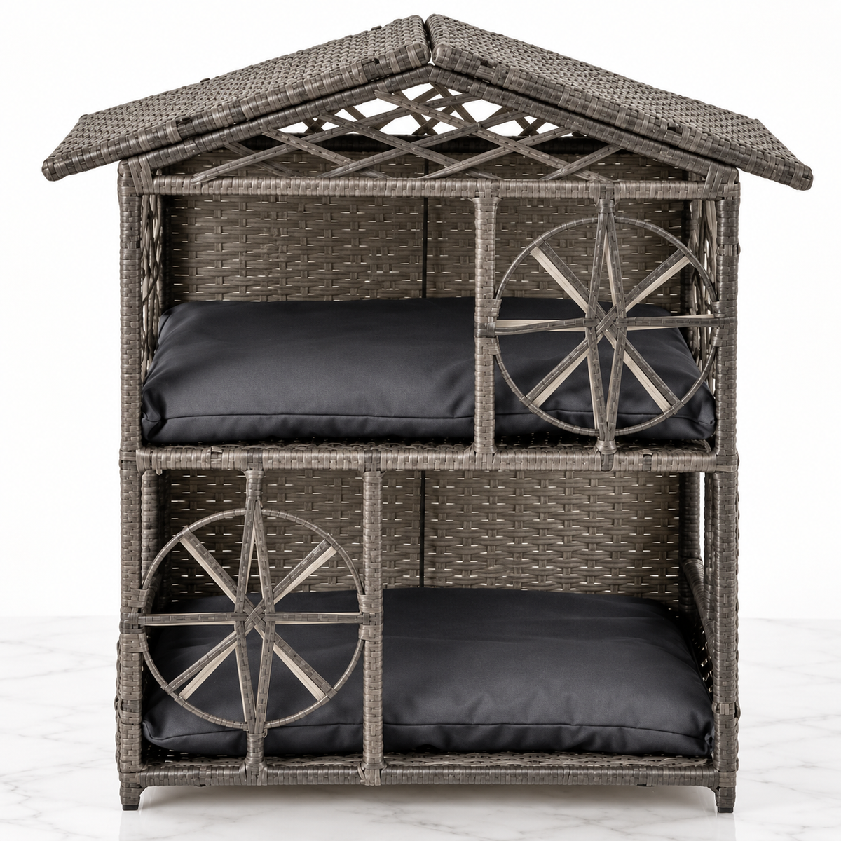 Grey two-storey wicker cat house with two removable cushions on a light marble background