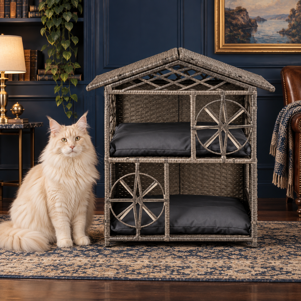 Grey two-storey wicker cat house beside a realistically sized cream Maine Coon in a dark blue library room