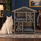 Grey two-storey wicker cat house beside a realistically sized cream Maine Coon in a dark blue library room