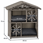 Grey two-storey wicker cat house dimensions: 69 by 40 by 70 centimetres with cushion and entrance measurements