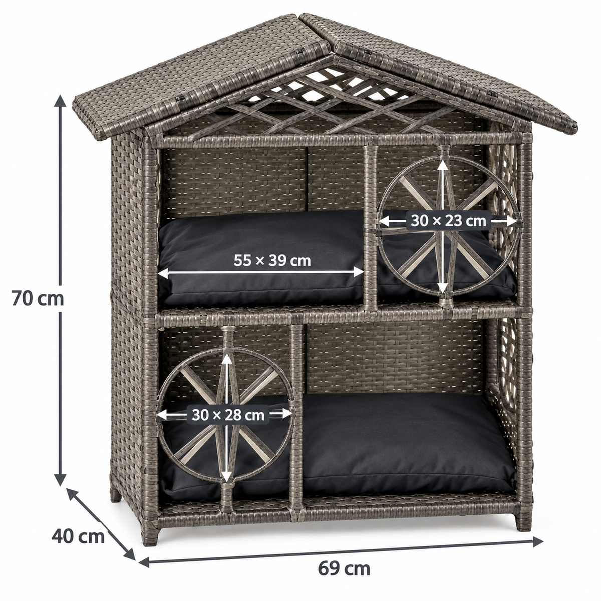 Grey two-storey wicker cat house dimensions: 69 by 40 by 70 centimetres with cushion and entrance measurements