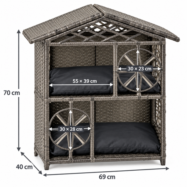 Grey two-storey wicker cat house dimensions: 69 by 40 by 70 centimetres with cushion and entrance measurements