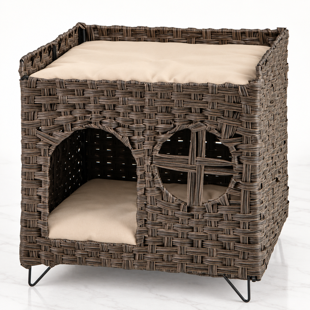 The Foldaway Wicker House on a pale white-marble studio floor