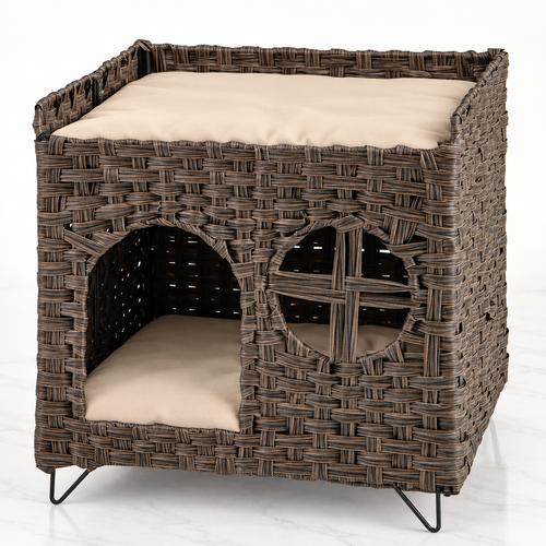 The Foldaway Wicker House on a pale white-marble studio floor