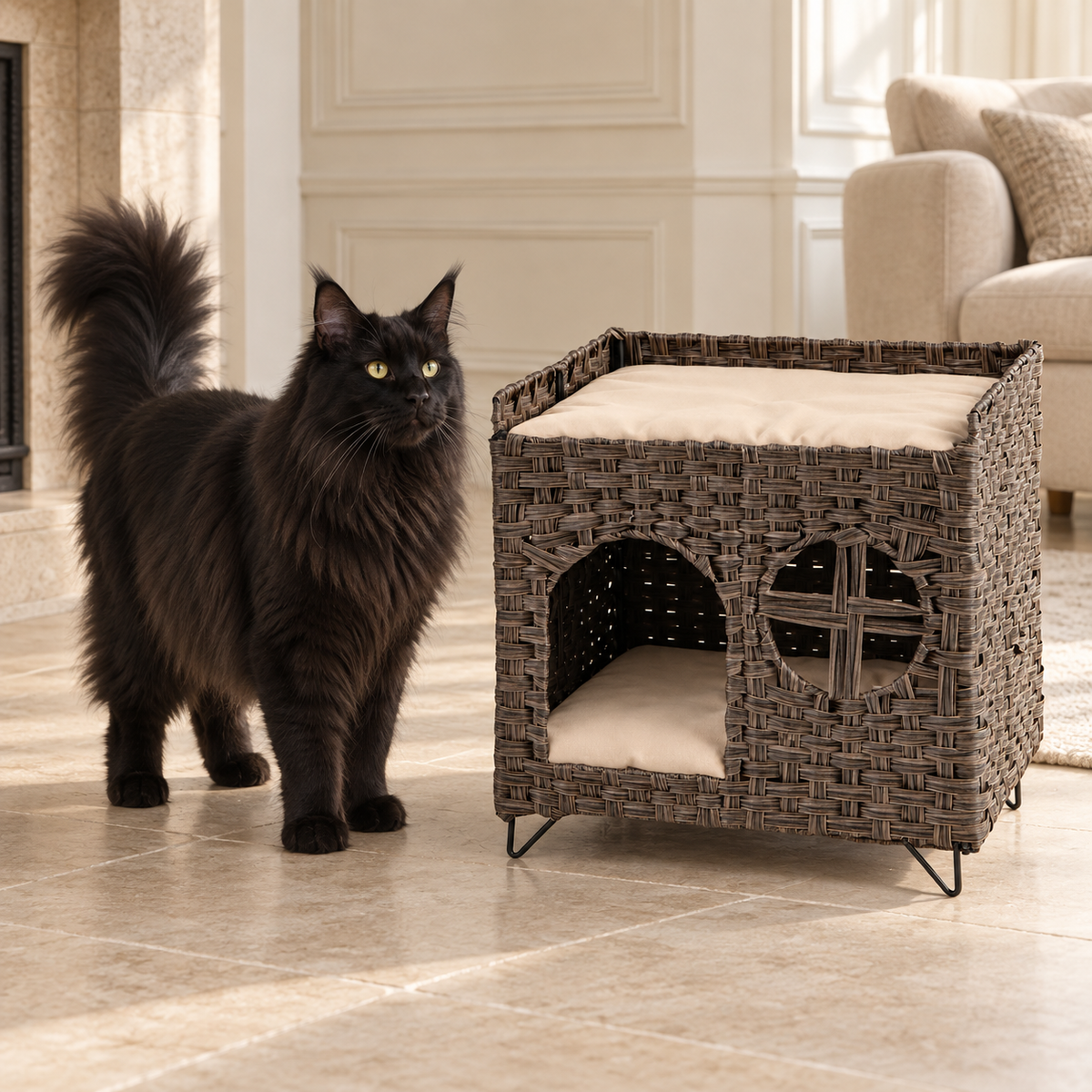 The Foldaway Wicker House beside a realistically scaled adult black Maine Coon